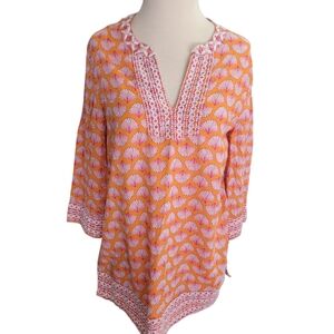 Sigrid Olsen orange fan print cotton tunic top with 3/4 sleeves and embroidery S